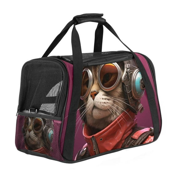 Retro Cat 17x10x11.8 in Pet Carrier Bag - Fabric 900D Oxford Cloth - Sherpa Base - Nylon Webbing - Comfy & Durable Pet Travel Bag for Small Dogs - 200 Characters.