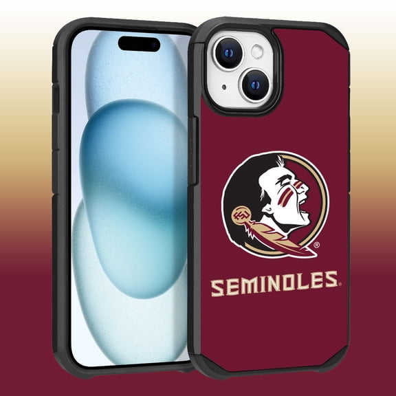 Apple iPhone 15 (6.1) / iPhone 14 (6.1) / iPhone 13 (6.1) - Licensed NCAA of Florida State University Seminoles Logo on Red Textured Dual Layer Case