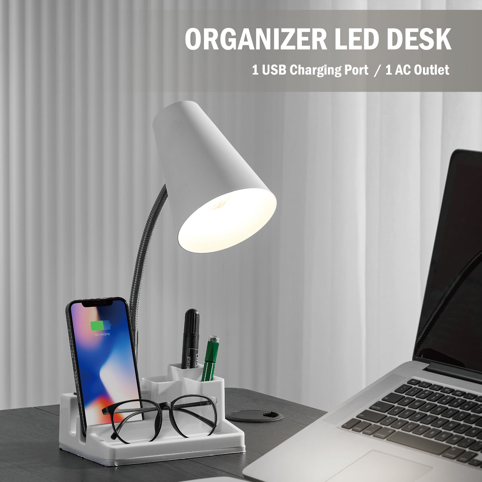 HonoDing 15-inch Adjustable Desk Lamp with USB Port, Outlet, Penholder, Flexible Gooseneck, White