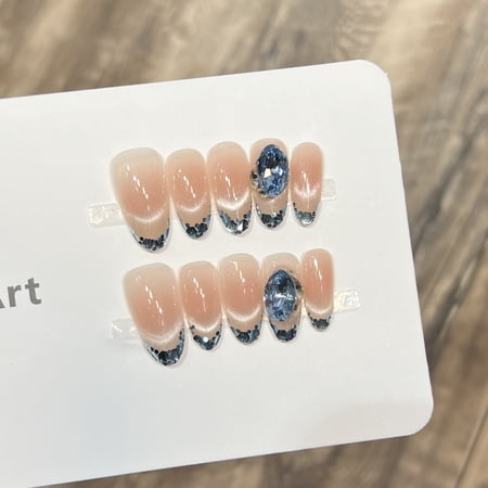 Derisen [Aquamarine] Wear nail pure handmade gentle nude cat's eye French sequined nail art K9 diamond nail piece