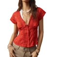 thumbnail image 3 of Women'S Lace Trim V Neck Blouse Short Sleeve Shirred Shirt Tops Summer Vacation Clothes Orange Color XL, 3 of 8