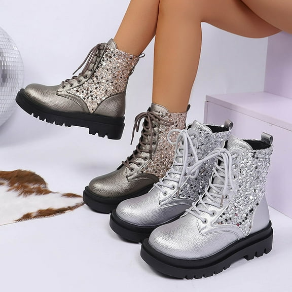 Juebong Womens Sequin Sparkle Lace-Up Combat Boots Chunky Low Heel Lug Sole Ankle Boots Glitter Short Booties Silver,40