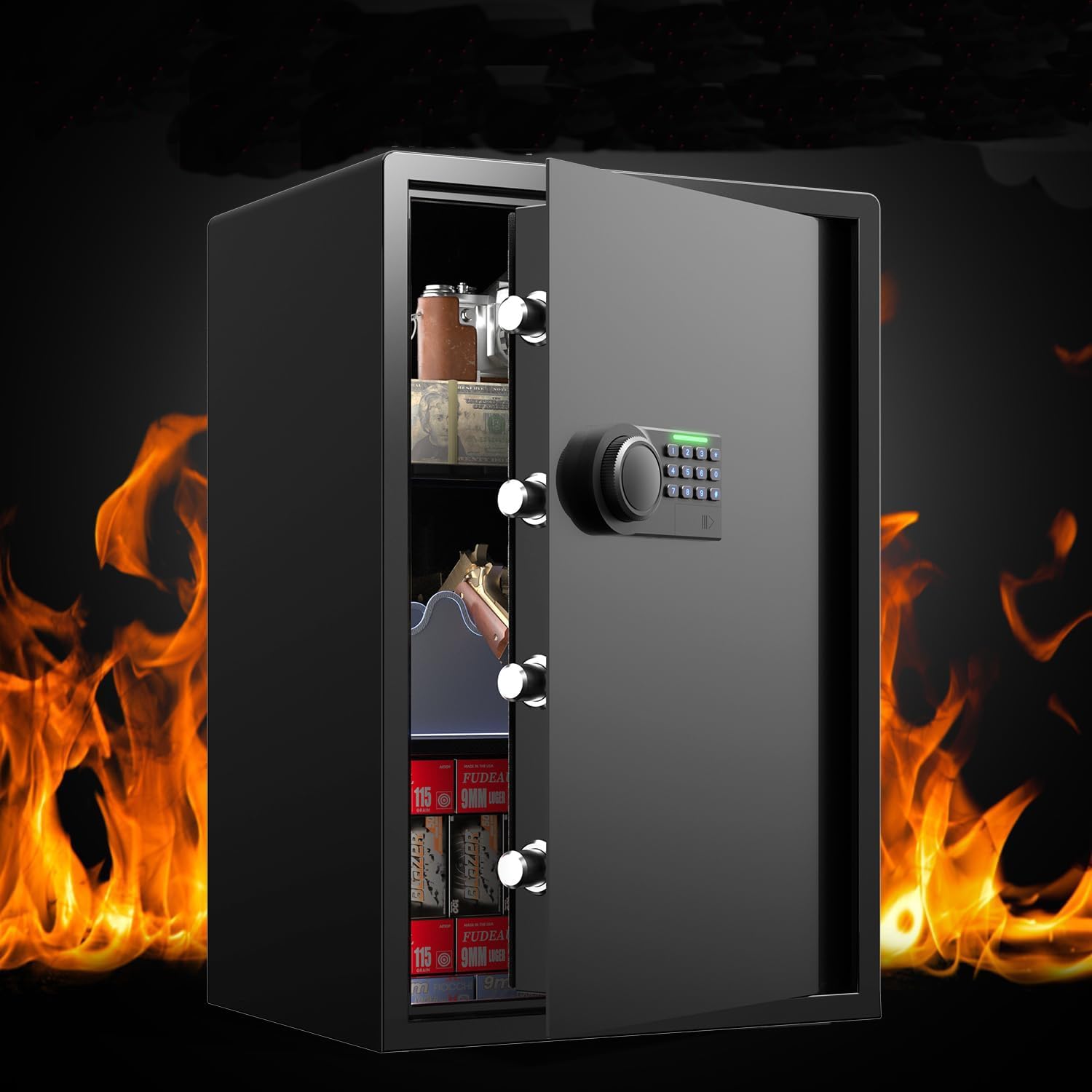 Grimtron Gun Safe – 1.72 Cu Ft Home Safe With Backlit Keypad, LED Interior, Quiet Mode, Door Organizer & Removable Shelf, 2 Emergency Keys