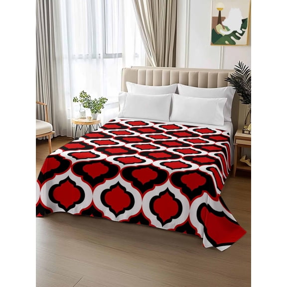 King Size Flat Sheet Only,Classic Moroccan Pattern Soft Top Bed Sheets Breathable Bedding Sheet Red Geometric Plaid Microfiber Hotel Luxury Top Sheets