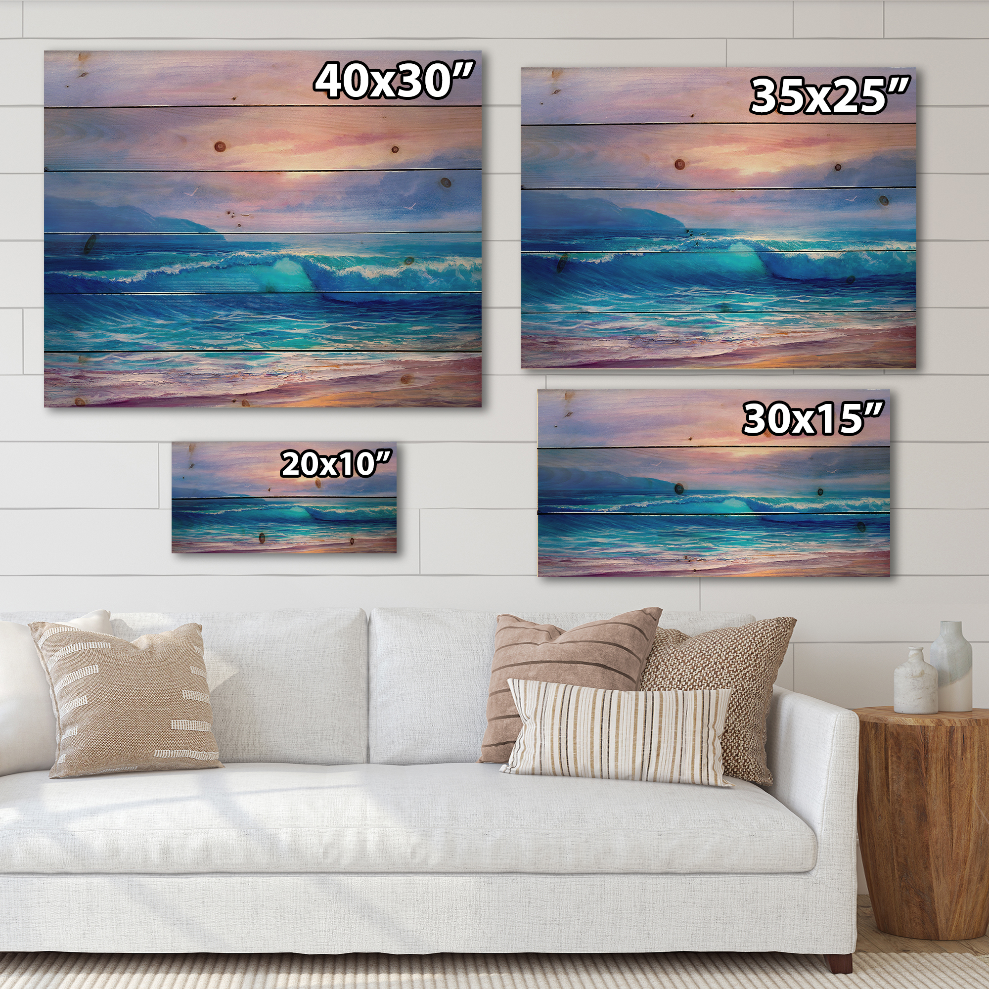 Designart 'The Sea By The Beach With Golden Sunset' Nautical & Coastal Print on Natural Pine Wood