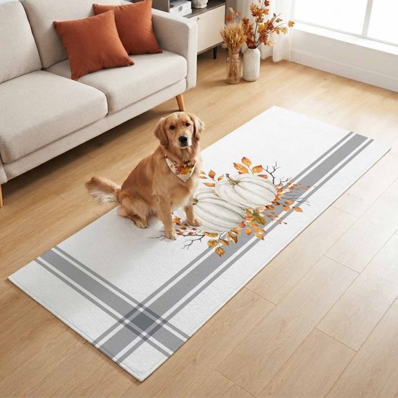 Rectangle Rug 2x6ft, Happy Thanksgiving White Pumpin Soft Non-Slip Washable Felt Carpet Pad, Farm Fall Leaves Gray Stripe Area Rugs for Living Room Bedroom Kids Room