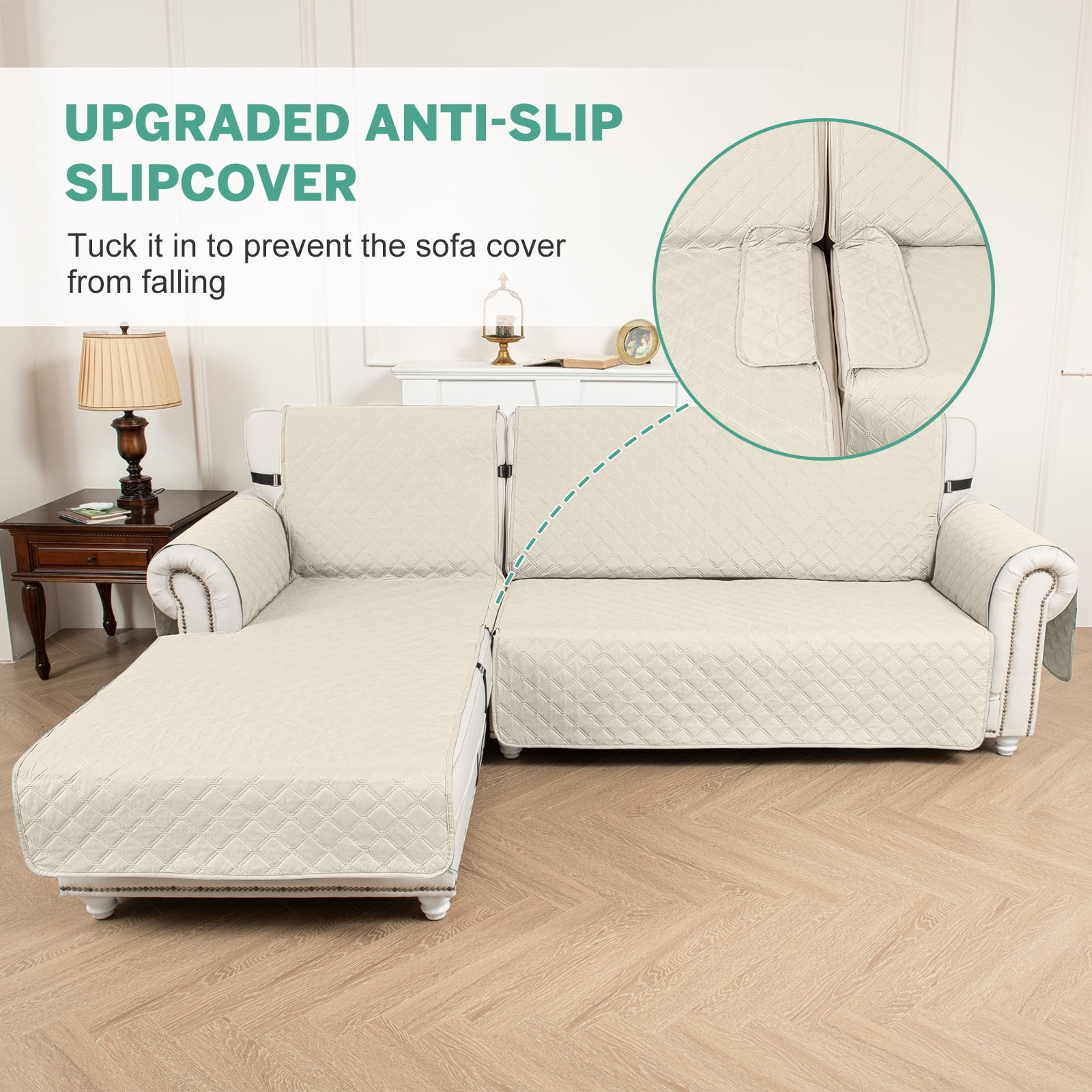 Sanmadrola Sectional Couch Covers Waterproof L Shape Sofa Cover Reversible Slipcover Chaise Lounge Cover Furniture Protector Cover for Pets Dog Cat Kids, Ivory, Small