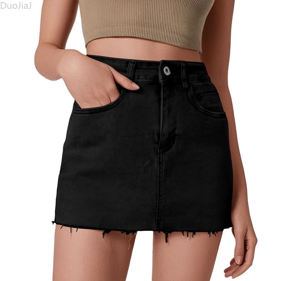 DuoJiaJ Women’s Bodycon Denim Short Mini Skirts High Waist Casual Washed Stretchy Jean Skirts With Pockets Denim Skirts Women Black L