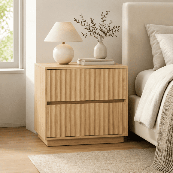 YAURA Natural Oak Fluted Nightstand with 2 Drawers, 23.6" Wide Japandi Bedside Table, Handleless Wood Night Stand for Bedroom, Living Room & Apartment, 1 or 2 Pack