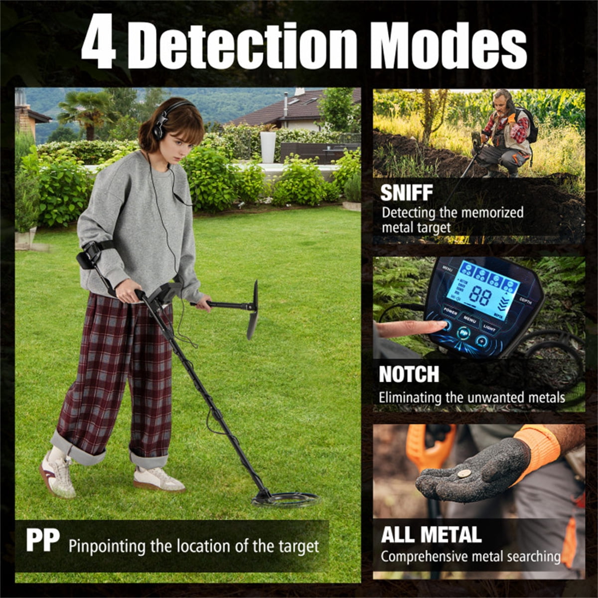 Metal Detector Black IP67 Waterproof Search Coil 4Modes 10In Depth DSP Chip LCD Display Adjustable 44.5In Beach Outdoor Adventure Adults Teens Shovel Headphones Carry Bag Batteries Gold Coins Relics