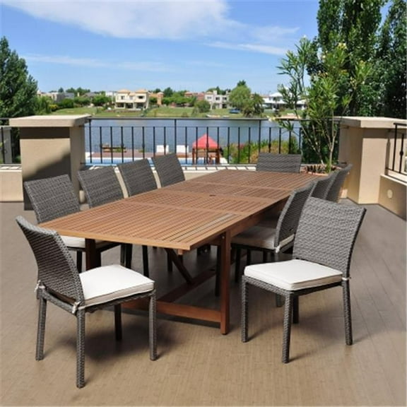 SC LEY-10LIB GROW Angelo 11 Piece Eucalyptus & Wicker Extendable Rectangular Patio Dining Set with Off-White Cushions