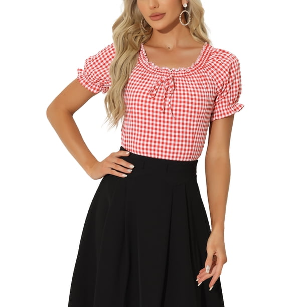 BLUSA DE GINGHAM PARA MUJER CON CUELLO REDONDO, VOLANTES Y MANGA PUFF EN ROJO