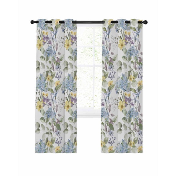 Blue Hydrangea Blackout Curtains for Bedroom Living Room, Watercolor Spring Yellow Floral Green Leaf 63 In Long Thermal Insulated Room Darkening Drapes Grommet Window Treatments, 52 x 63 In