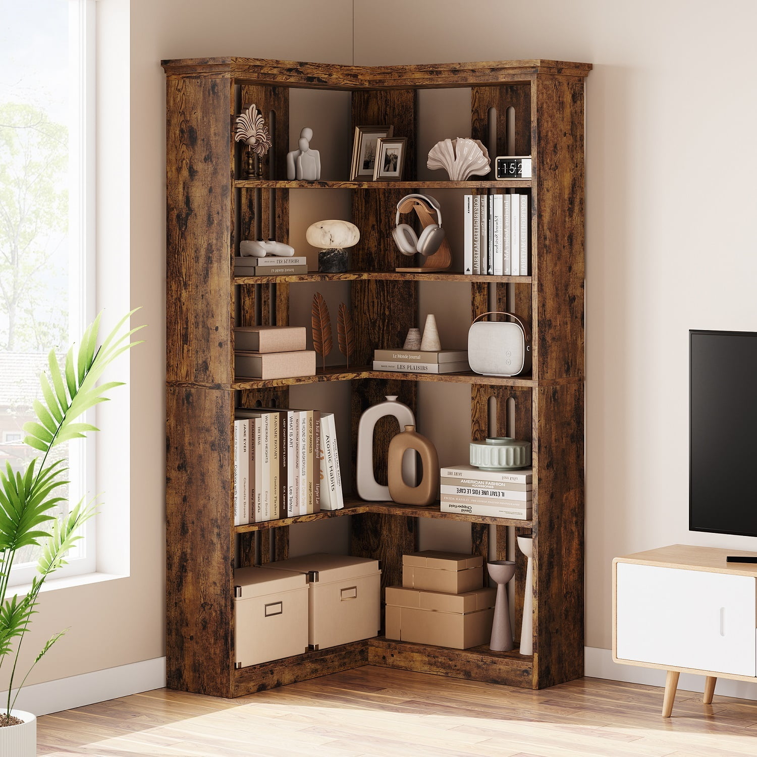 EuKer 5 Tier Corner Bookcase, L-Shaped Bookshelf with Large Storage Capacity for Living Room, Bedroom, Office (Half Panel, Retro Brown)
