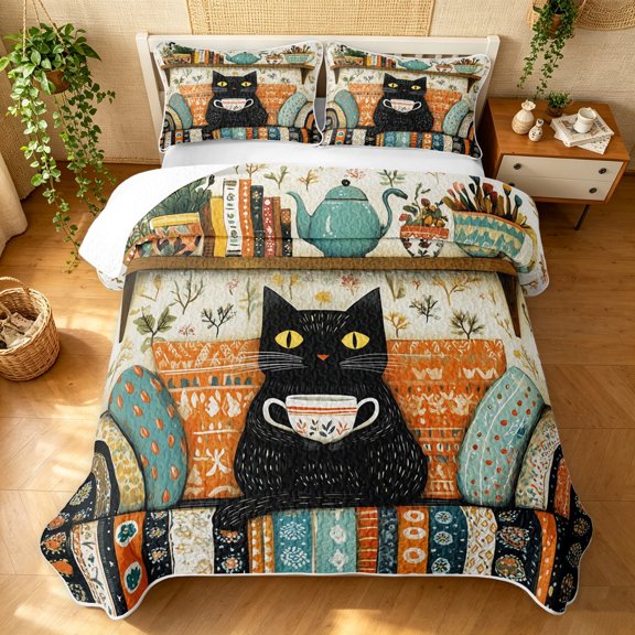 Manfei Tribal Kitten Twin Quilt Set, Bohemian Damask Flower Twin Coverlet Set, Orange Cream, 2pcs, 1 Bedspread and 1 Pillowcase