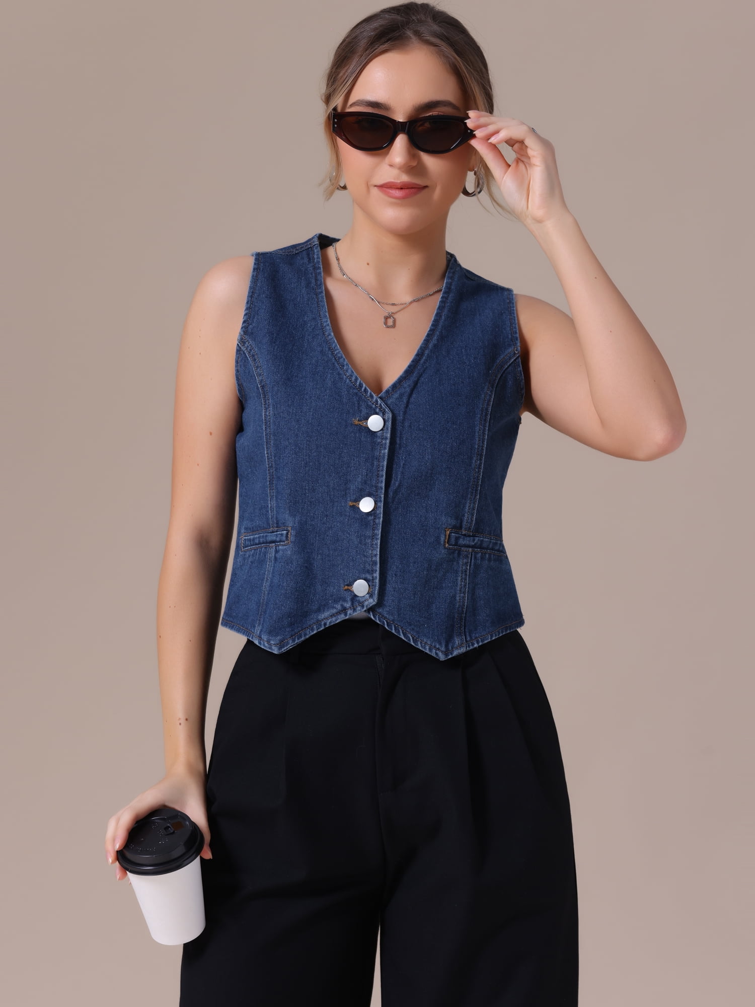 DARING DIVA Women's V Neck Waistcoat Top Casual Jean Vests XL Dark Blue