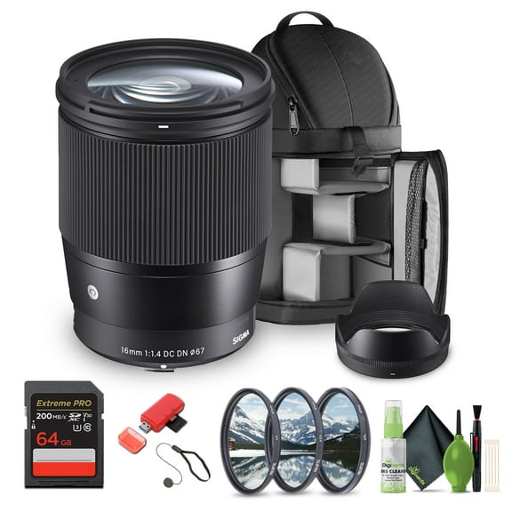 Sigma 16mm f/1.4 DC DN Contemporary Lens for Sony E Mount (MFR Part # 402965) Bundle. Ideal for Professional Portraits Weddings Indoor/Outdoor Adventure, Wildlife, Travel and Photo use   Accessories