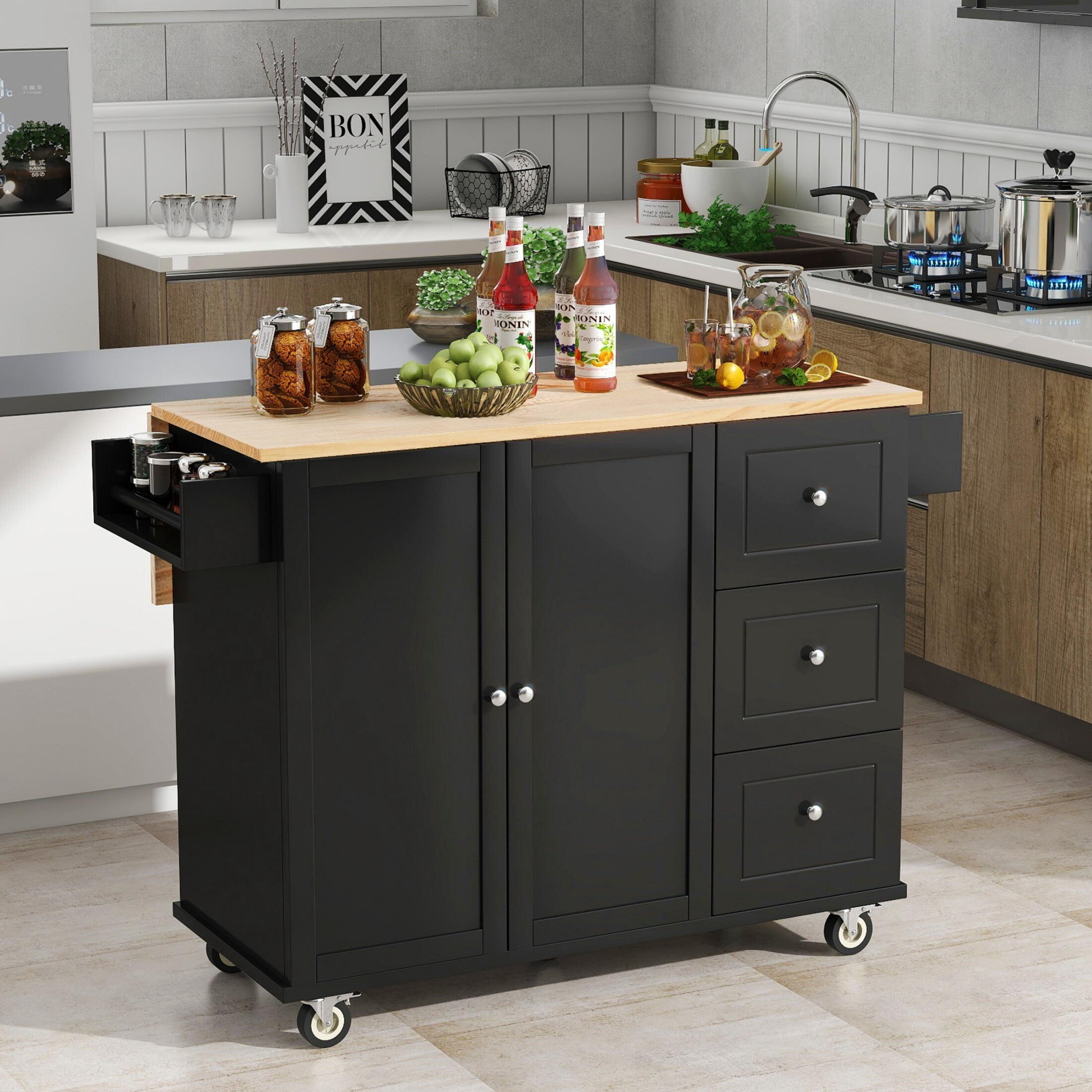 AENKYO 52.7'' Kitchen Island Cart with Drop Leaf, Rolling Kitchen Storage Cart with 3 Drawers, Black