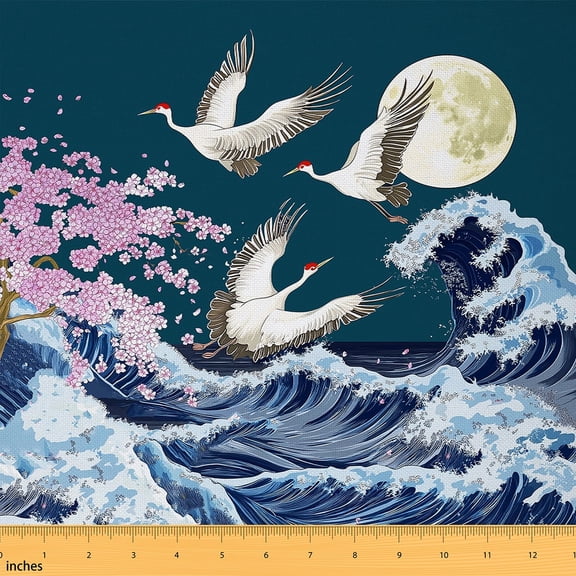 Manfei Japanese Ukiyoe Sewing & Crafting Fabric (2 Yards), Oriental Crane Print Home Decor Fabric by the Yard, Ocean Wave Moon DIY Fabric
