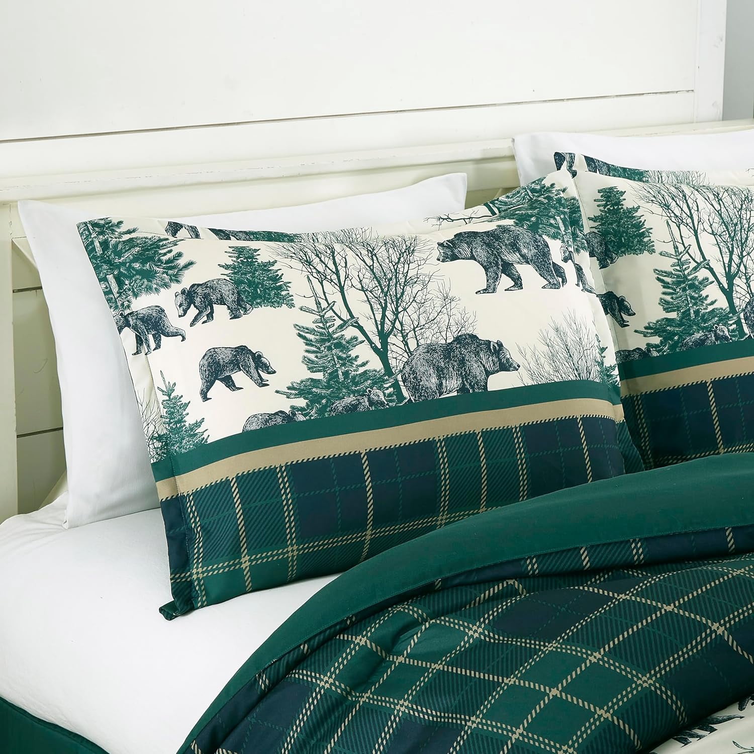 Chezmoi Collection Basin 7-Piece Northwest Cabin Lodge Comforter Set, Blue Green Ivory Tan Grizzly Bear Pine Tree Wilderness Printed Microfiber Bedding, Queen