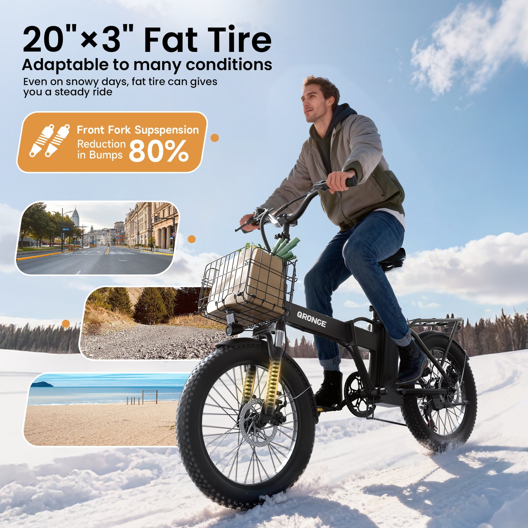 Qronge 1000W Folding Electric Bike for Adults 28mph 70Miles Max Range 20" Fat Tire Foldable Ebikes 48V 13.5AH Battery E-Mountain Bikes, UL2849 by SGS