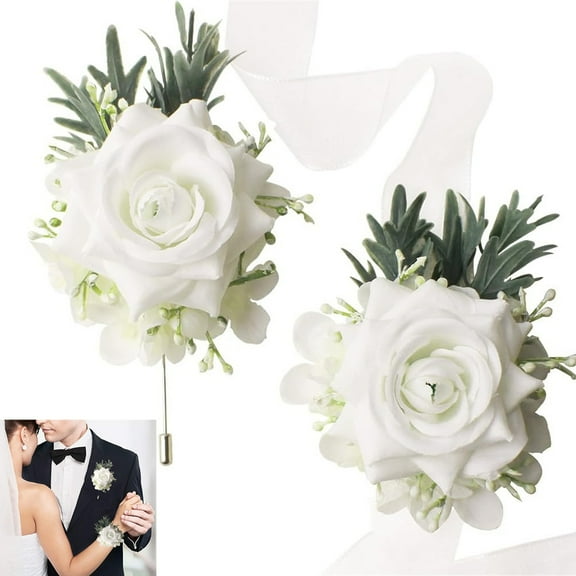 Tutuviw 2Pcs White Wrist Corsage and Boutonniere,Prom Ivory Flower Rose Wrist Corsage Bracelets,Wedding Corsage Wristlet,Bride Groom Boutonniere Set for Wedding Flowers Accessories Decorations