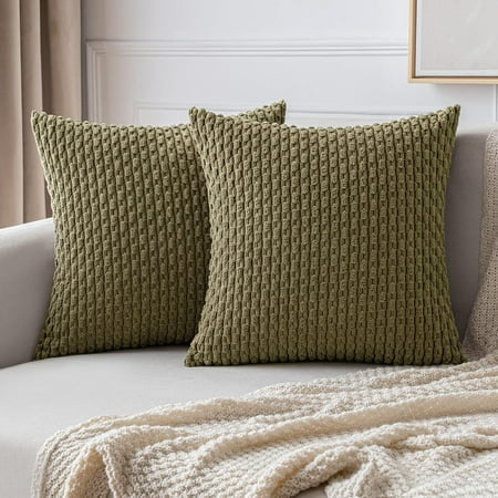 

MIULEE Throw Pillow Covers Soft Corduroy Decorative Set of 2 Boho Striped Pillow Covers Pillowcases Farmhouse Home Decor for Couch Bed Sofa Living Room 16x16 Inch Olive Green