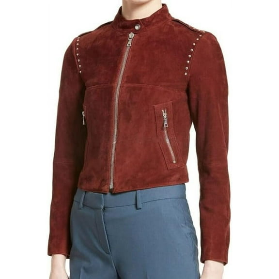 HOT Women's Genuine Sheepskin Pure Dark Tan Suede Studded Leather Jacket Biker Fashion Coat W096