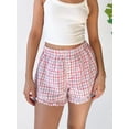 thumbnail image 5 of Michellecmm Women's Summer Casual Pajama Shorts Pink Elastic Band Loose Fit Button Plaid Lounge Shorts, 5 of 8