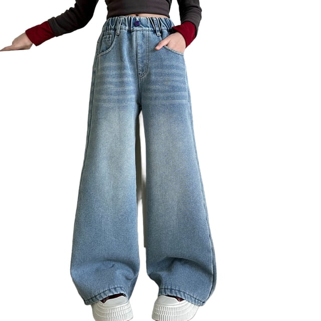 Wide Leg Jeans, Girls' Solid Color Casual Long Pants with Loose Fit and Straight Legs