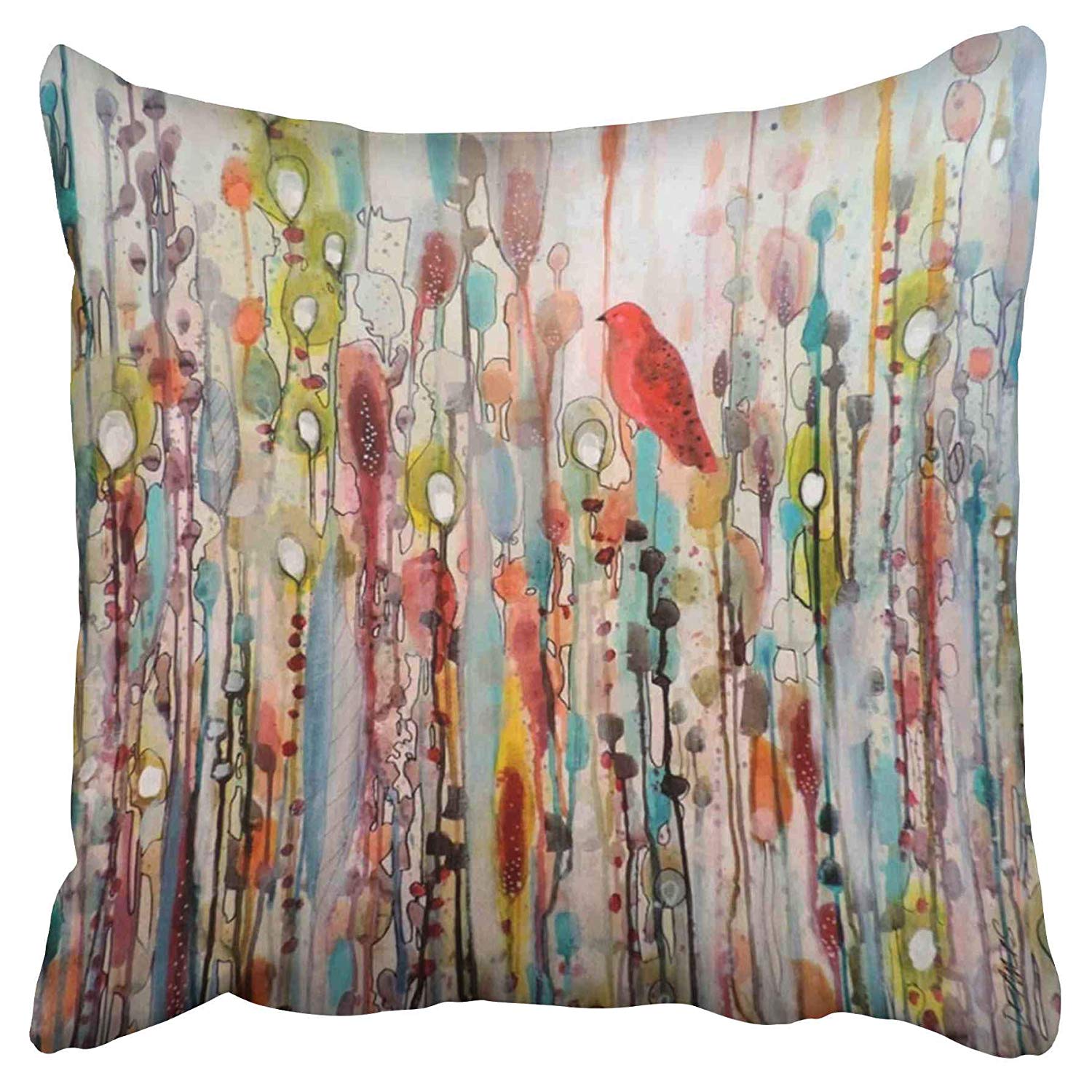 ECCOT Colourful Watercolor Red Cardinal Bird Pillow Case Pillow Cover