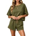 thumbnail image 2 of IUYRTFE Women's 2-Piece Short Sleeve Relaxed Fit Set Round Neck Top and Drawstring Shorts Casual Outfit, 2 of 7
