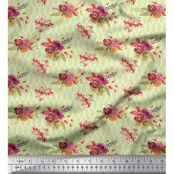 Soimoi Yellow Cotton Duck Fabric Leaves & Camellias Floral Printed Craft Fabric by the Yard 44 Inch Wide