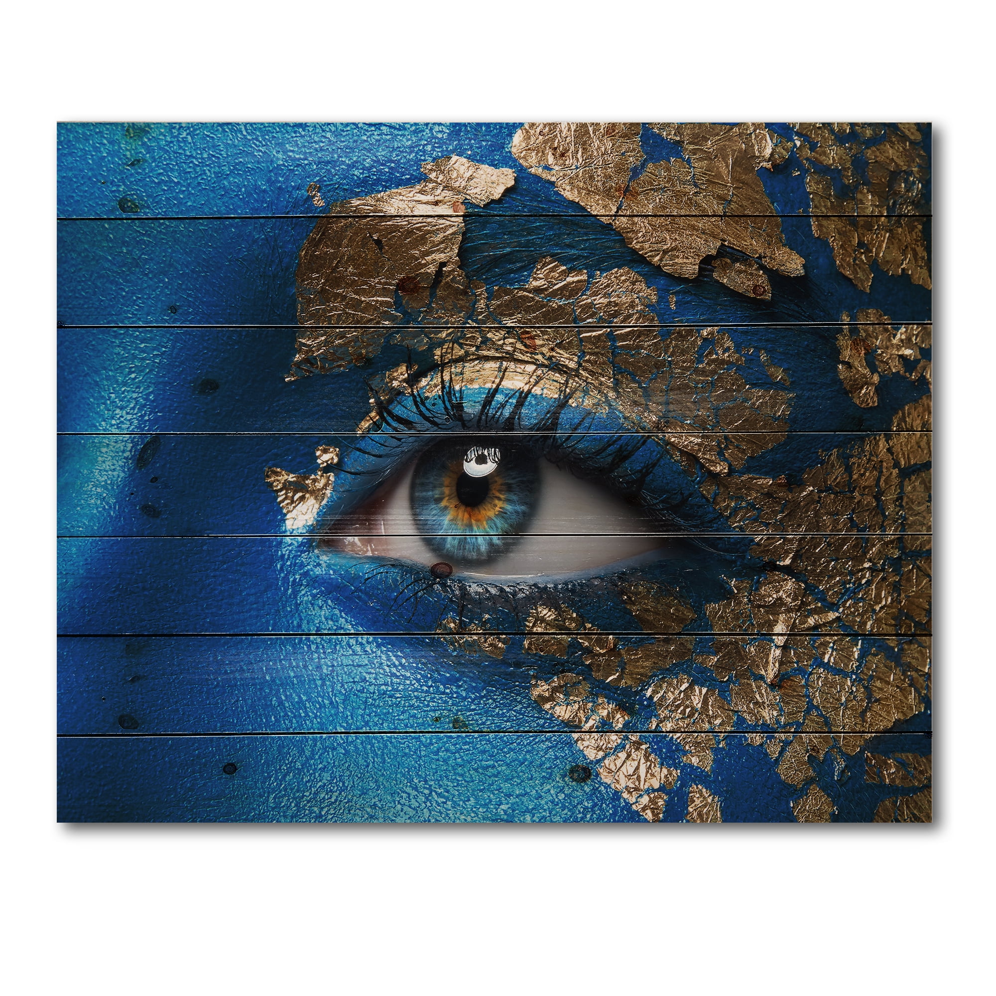 Designart 'Portrait of A Young Woman Model With Blue Make-Up' Modern Print on Natural Pine Wood