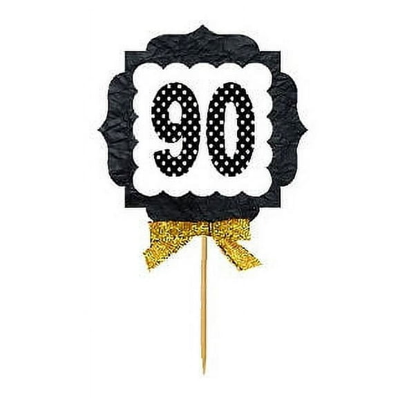 90th Birthday / Anniversary Gold Ribbon Hand Crafted Novelty Cupcake Decoration Toppers / Picks -12ct
