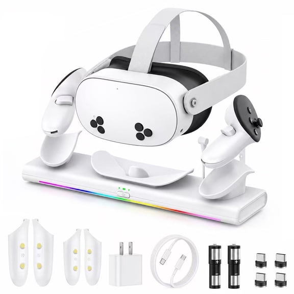 VR Charging Dock for Meta Quest 3S/3/2, PD 20W Fast Charging Station Meta/Oculus Quest 3S/3/2 Accessories, Magnetic Charger Stand for VR Headset/Controller, RGB Light, Rechargeable Batteries