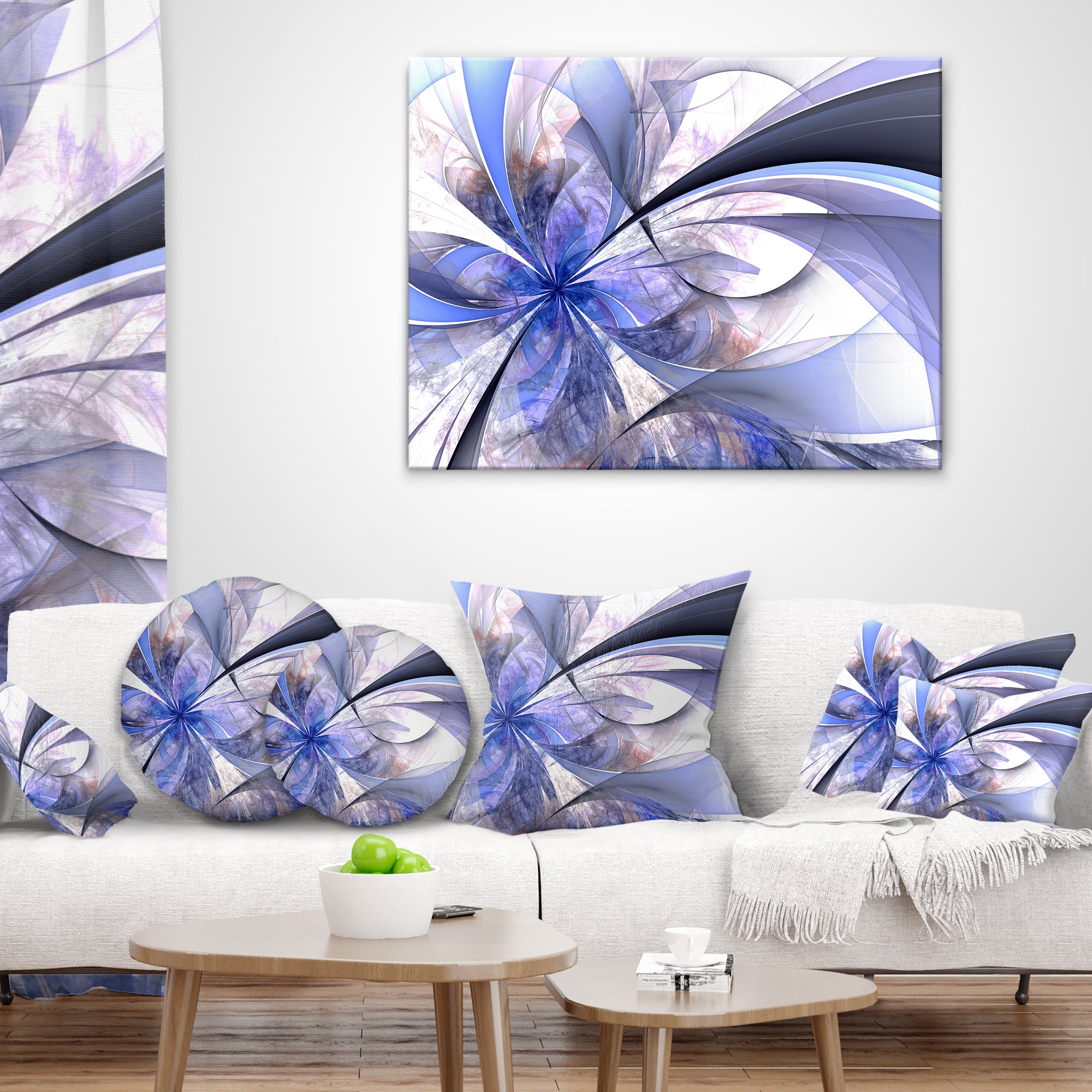 Designart Blue Fractal Flower Design in White - Floral Throw Pillow - 12x20