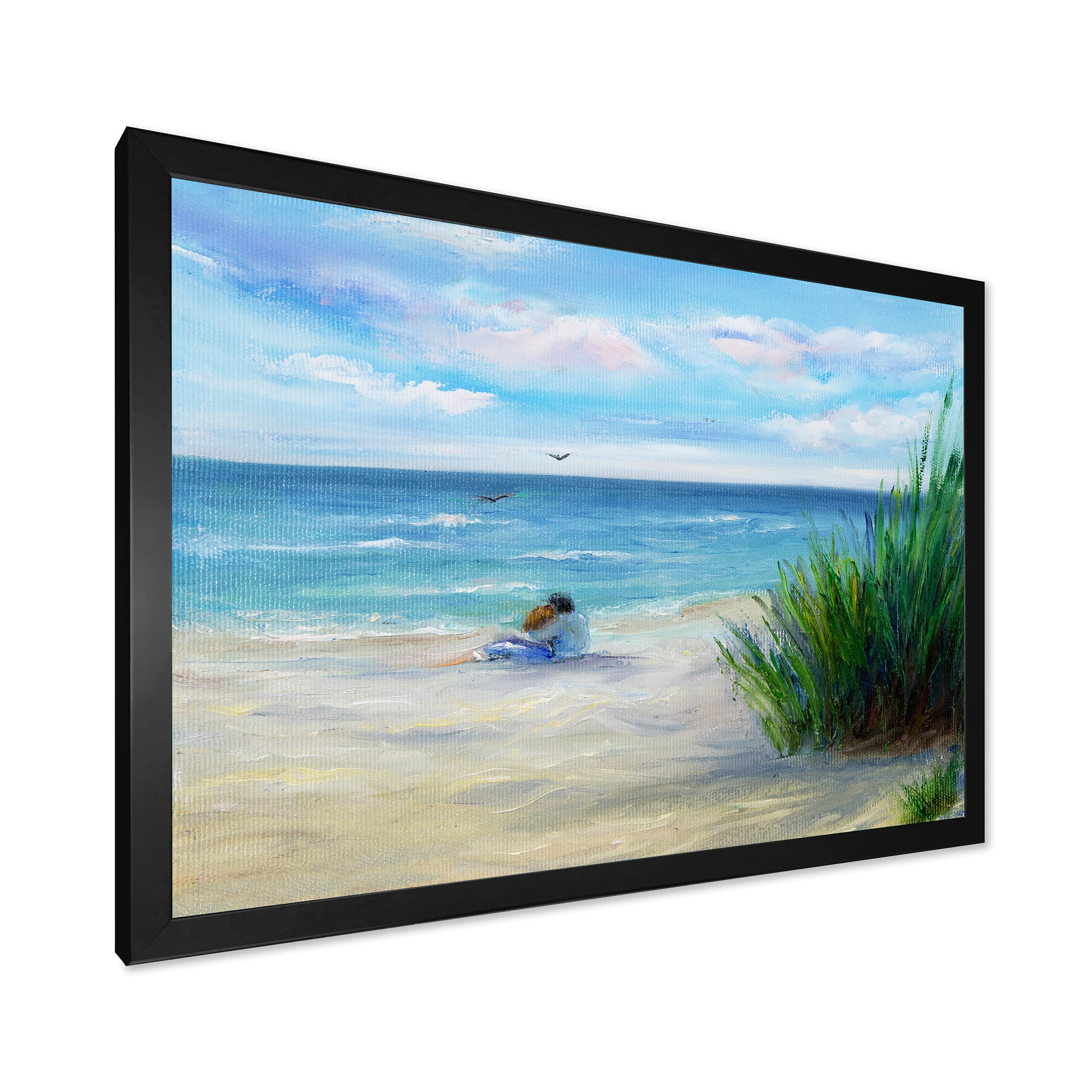 Designart 'Couple Sitting In Love By The Beach' Nautical & Coastal Framed Art Print