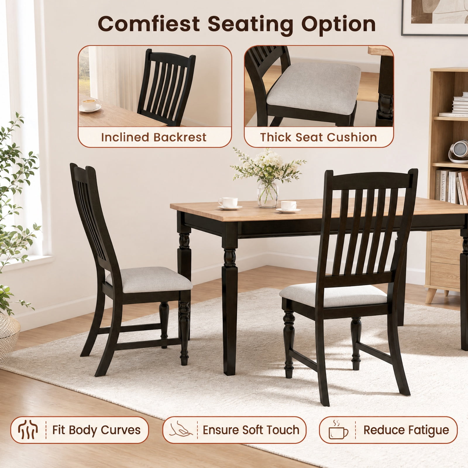 Furnibear Dining Chairs Set of 2 Upholstered Kitchen Side Chairs with Solid Wood Legs and Padded Seat for Dining Room, Black