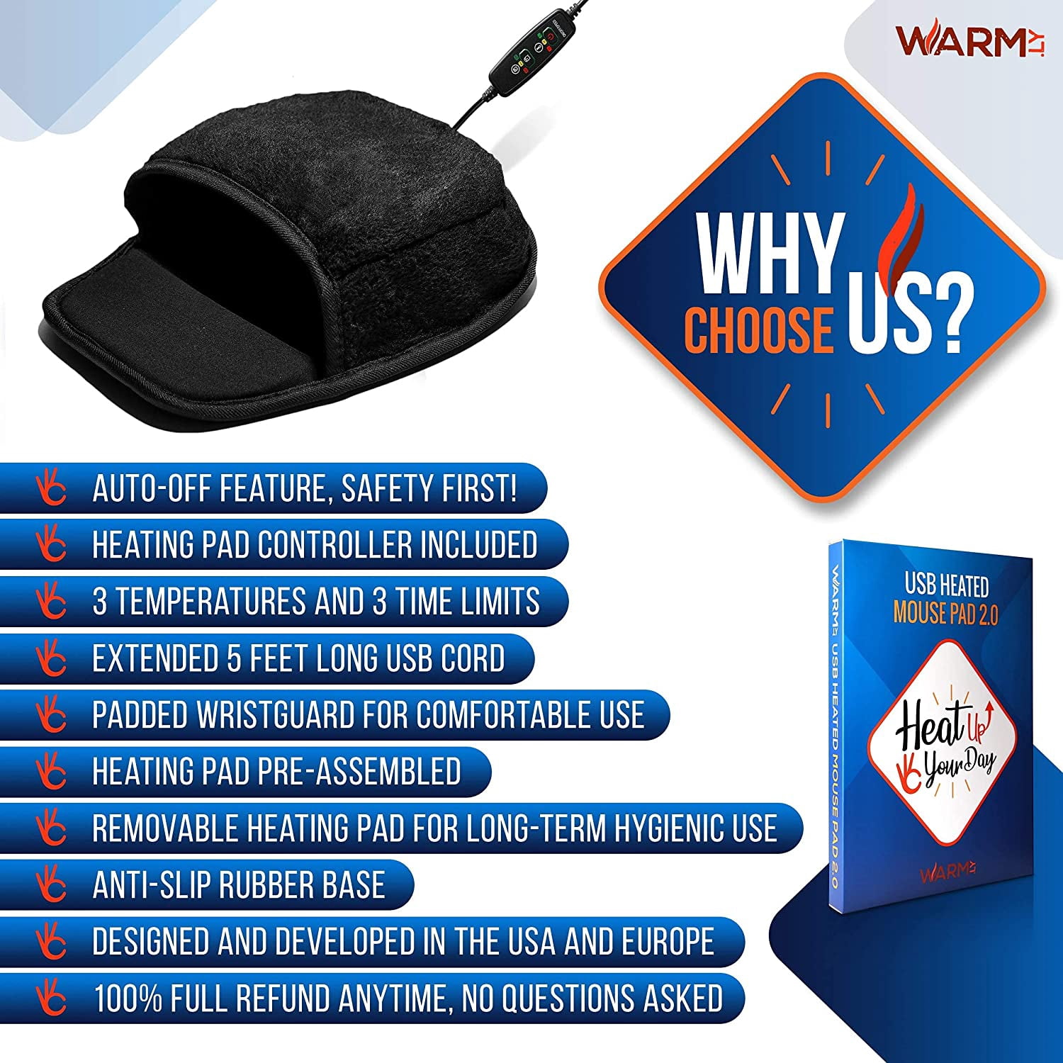 Heated Computer Mouse Pad Hand Warmer,USB Hand Warmer for Computer, Removable Heating Element, 3 Temperature