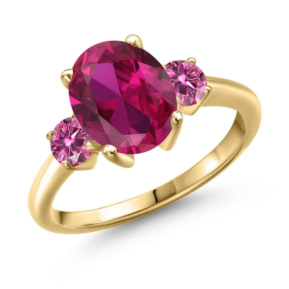 Gem Stone King 18K Yellow Gold Plated Silver Ring Oval Red Created Ruby and Vivid Pink Moissanite (3.46 Cttw, Size 6)