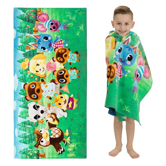 Animal Crossing Kids Super Soft Cotton Beach and Bath Towel, 28” x 58” , Green