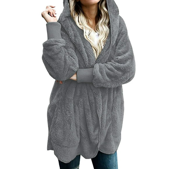 Yuyuzo Women Winter Fluffy Coat Long Sleeve Hooded Fuzzy Fleece Thick Warm Jackets Cardigans Outwear Solid Color