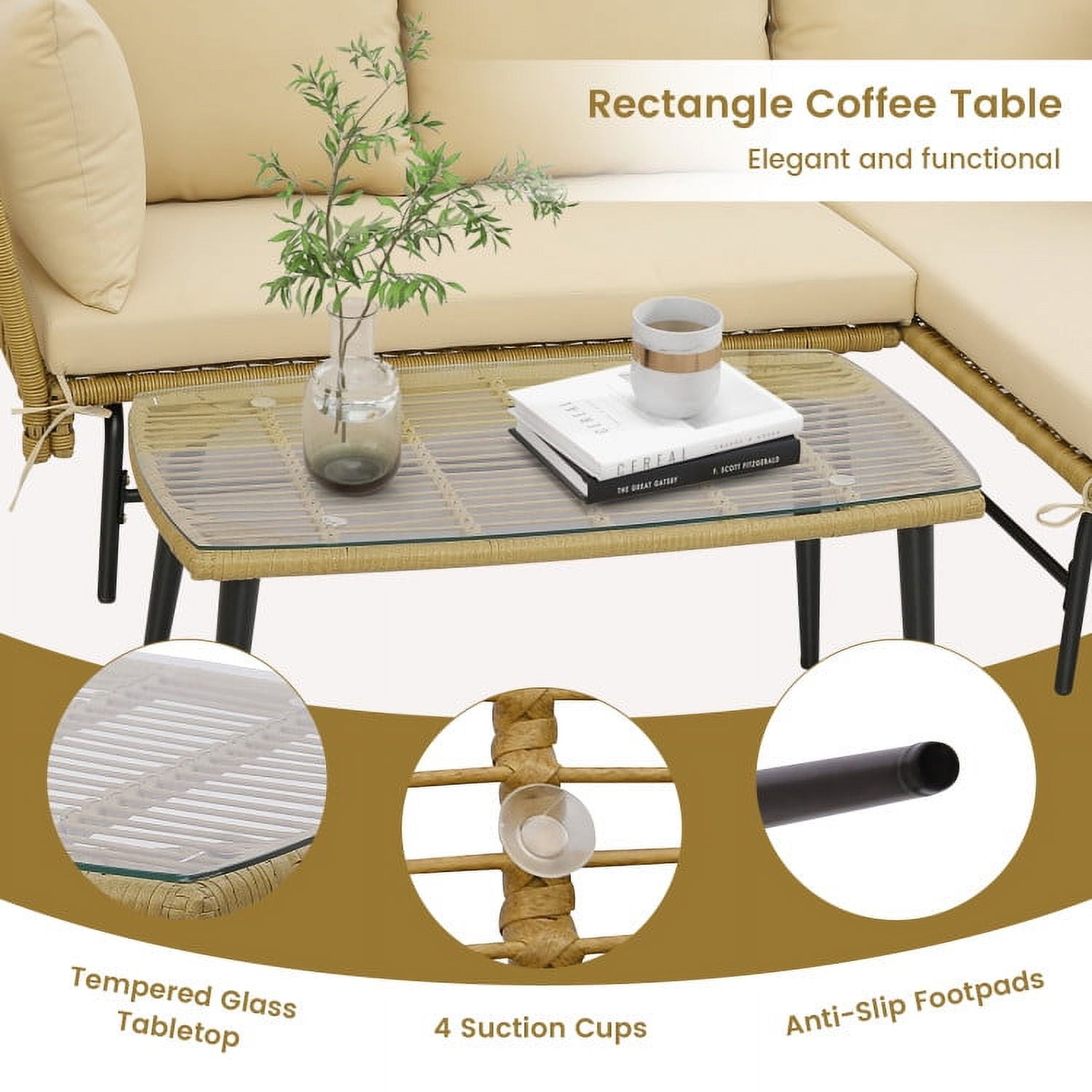 Aimee Lii 3 Pieces L-Shaped Patio Sofa with Cushions and Tempered Glass Table, Outdoor Patio Set, Beige Aimee Lii 3 Pieces L-Shaped Patio Sofa with Cushions and Tempered Glass Table, Outdoor Patio Set, Beige