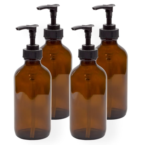 Cornucopia Brands 8oz Glass Pump Bottles (4-Pack, Amber Brown), Lotion Soap Dispensers w/ Black Plastic Pumps