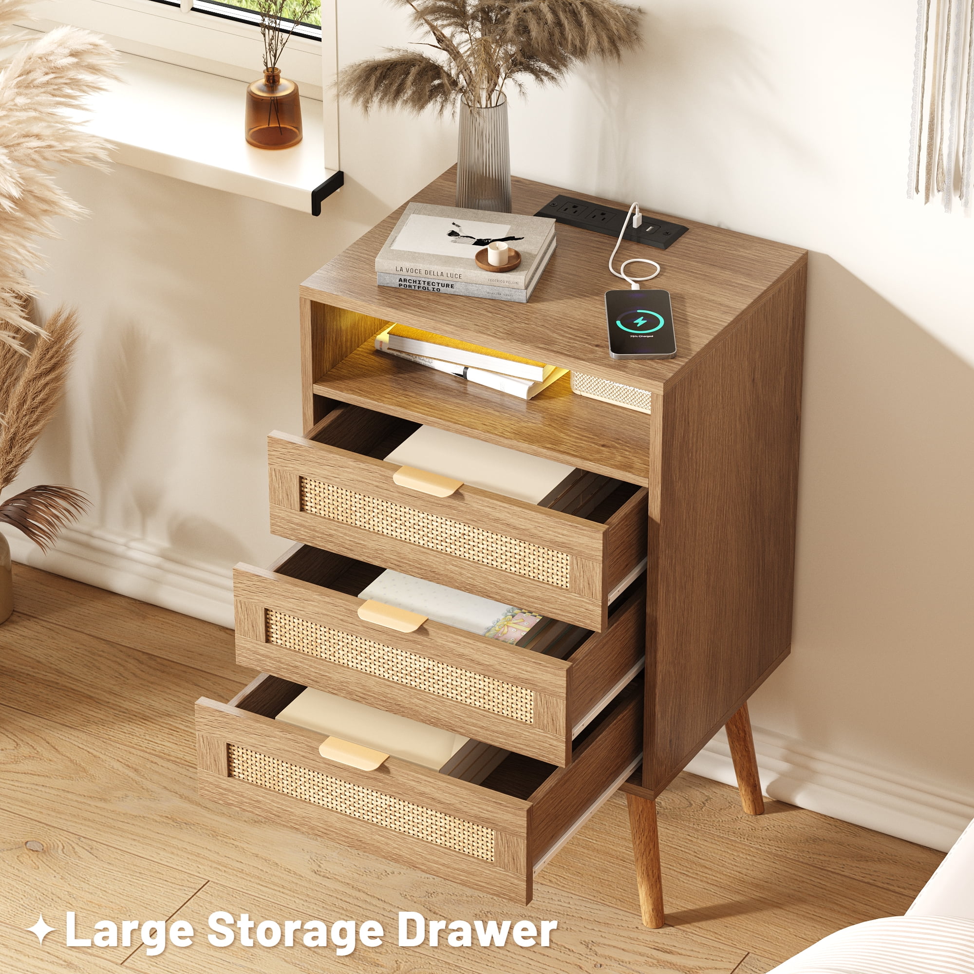 Vabches Rattan Nightstand Set of 2 with Charging Station and 3 Drawers for Bedroom, Living Room