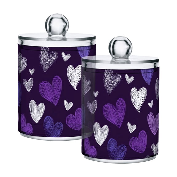 Purple Doodle Hearts Valentine Translucent Plastic Cans Storage Canisters with Lid Set of 2