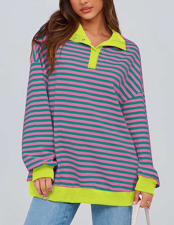 Women's Striped Pullover Hoodie - Oversized Y2K Sweater, Long Sleeve Casual Top, Fall Winter Fashion