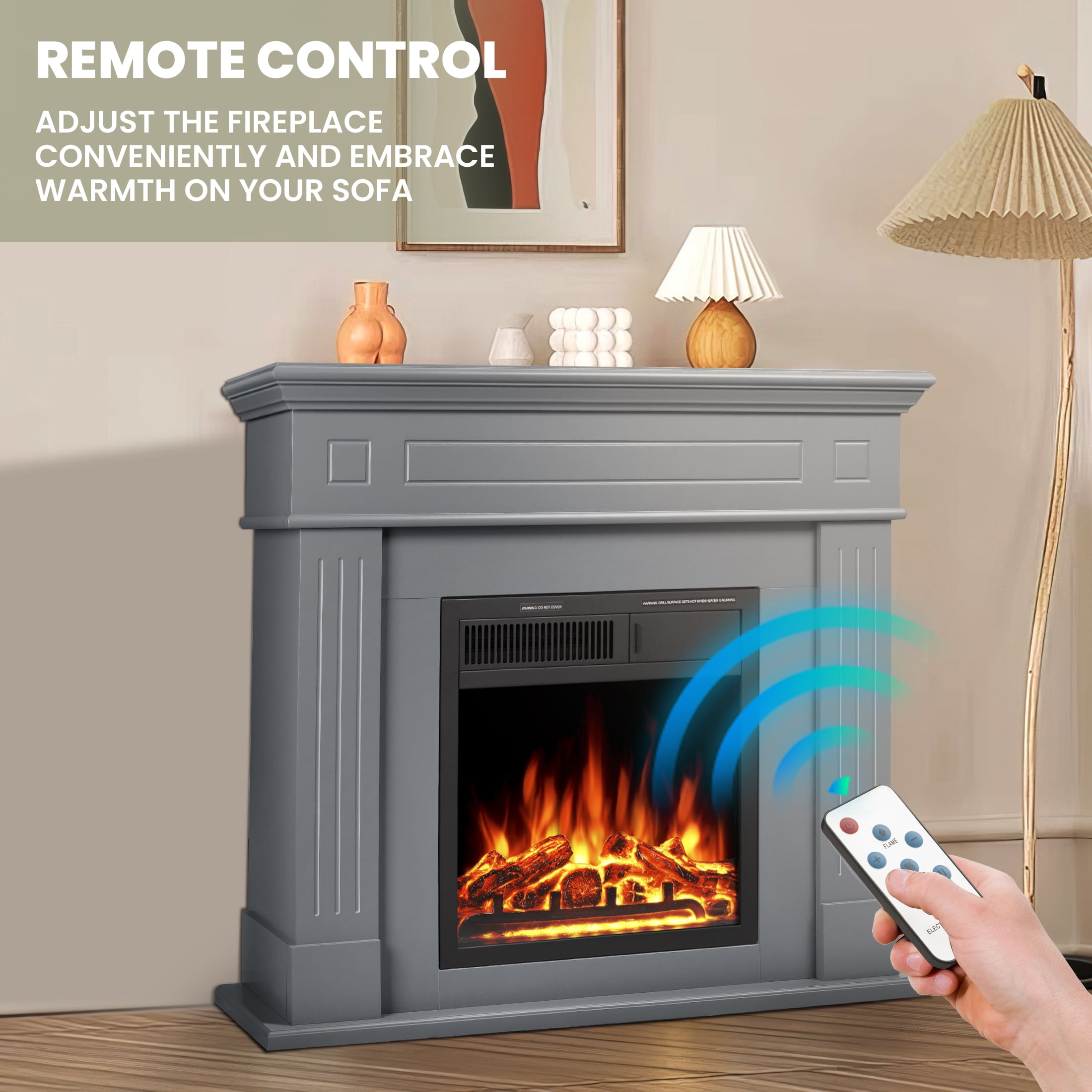 KISSAIR Electric Fireplace Mantel Package Wooden Surround Firebox TV Stand Free Standing Electric Fireplace Heater with Logs, Adjustable Led Flame, Remote Control, 750W-1500W, Grey