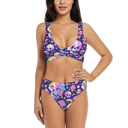 Zeuib Skull colorful mushroom High Waisted Tummy Control Bikini Set - Knot Front Push Up Top & Cheeky Thong Bottom  Two-Piece Swimsuit for Women-Small